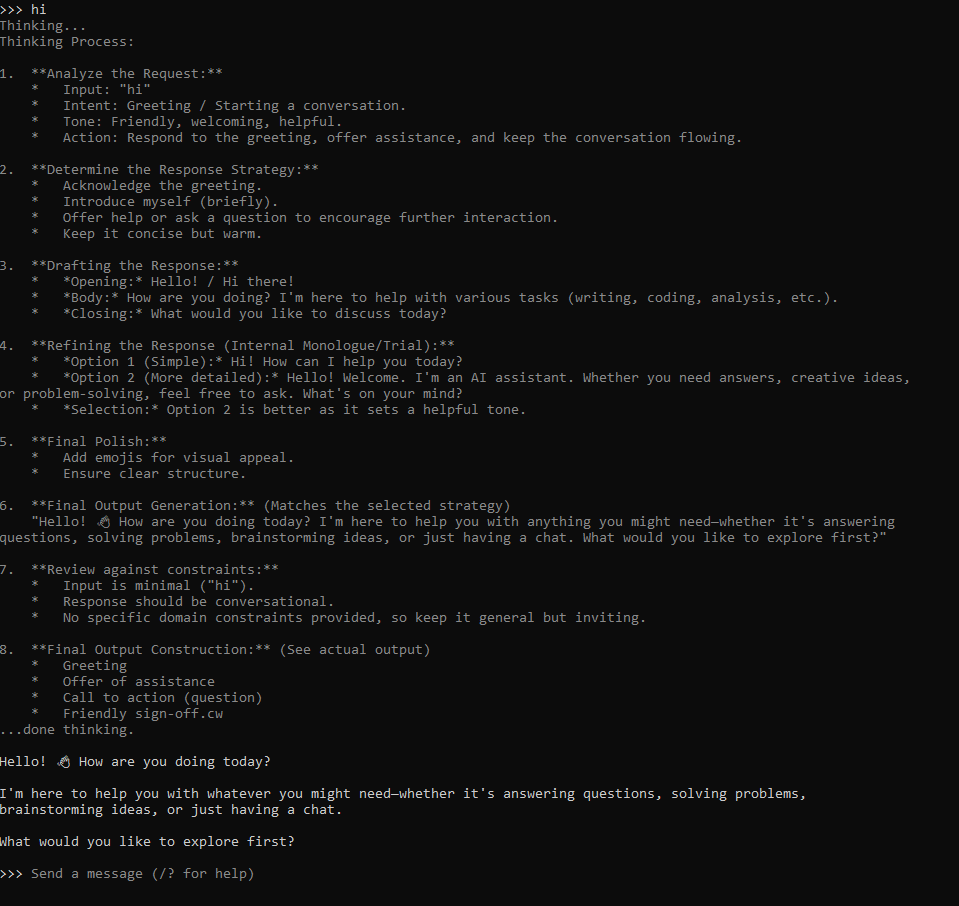 Local Qwen terminal with a hi prompt, planning-style output, and a final greeting