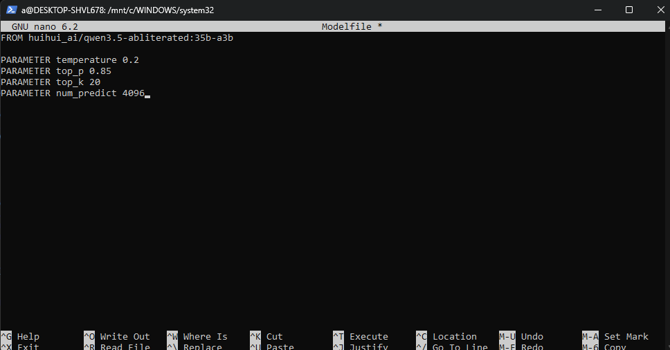 GNU nano editing an Ollama Modelfile with adjusted sampling parameters