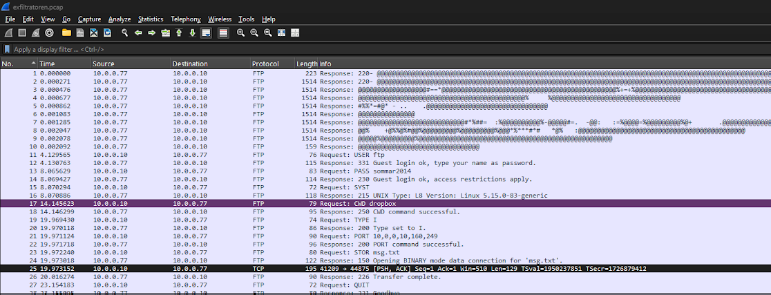 Wireshark capture showing FTP login and directory commands
