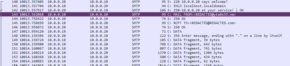 SMTP packet list showing the MAIL FROM command