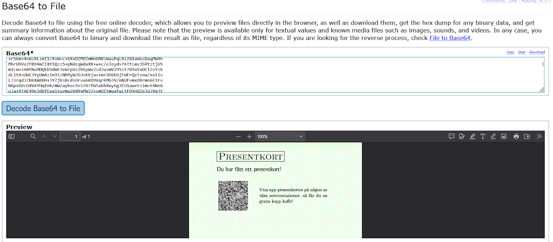 Decoded gift-card PDF with a QR code