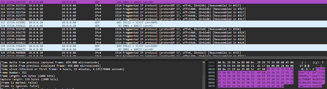 Transfer parameters in packet 311